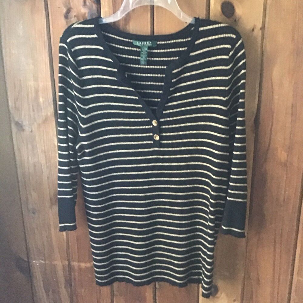 Lauren Ralph Lauren Black Gold Metallic Stripe Top Size 1X Henley 3/4 Sleeve